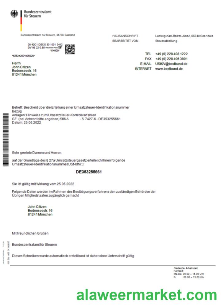 Germany Bundeszentralamt fur Steuem certificate Word and PDF template